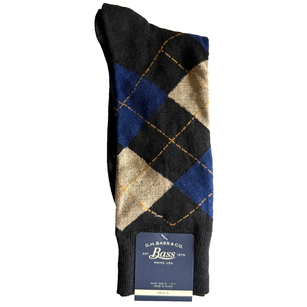 Bass Mens Socks Dress Casual Navy Blue Black Beige Argyle Diamond Shoe Sz 6-12.5